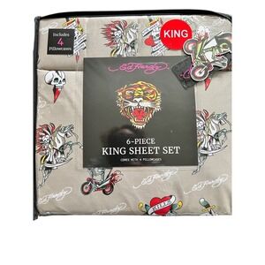 NWT Ed Hardy King Sheet 6 Piece Set Tan w/ Tattoo Print of Skulls Reaper Tiger